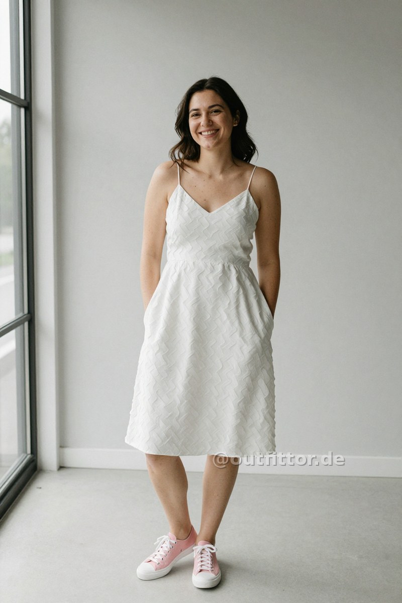 White dress with wave pattern and pink canvas sneakers — Outfit #288