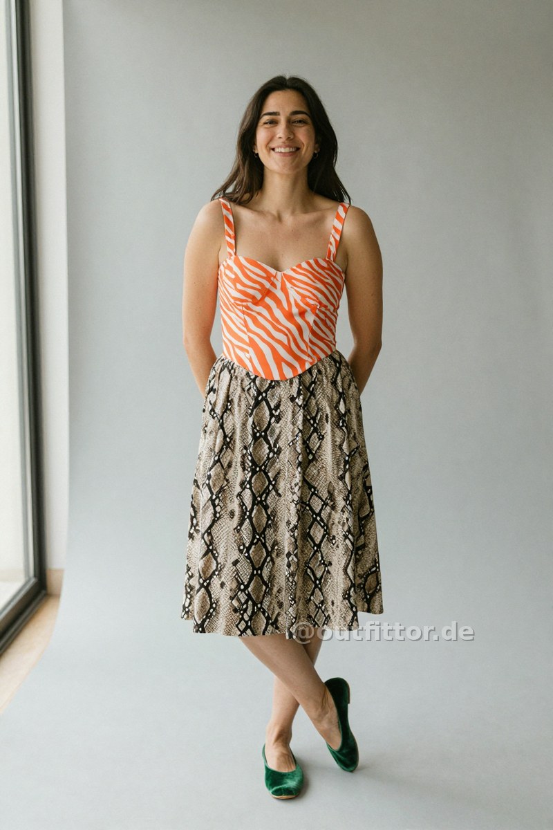 Orange bustier with zebra print pattern, beige knee-length skirts with snake print pattern and green velvet ballet flats — Outfit #149