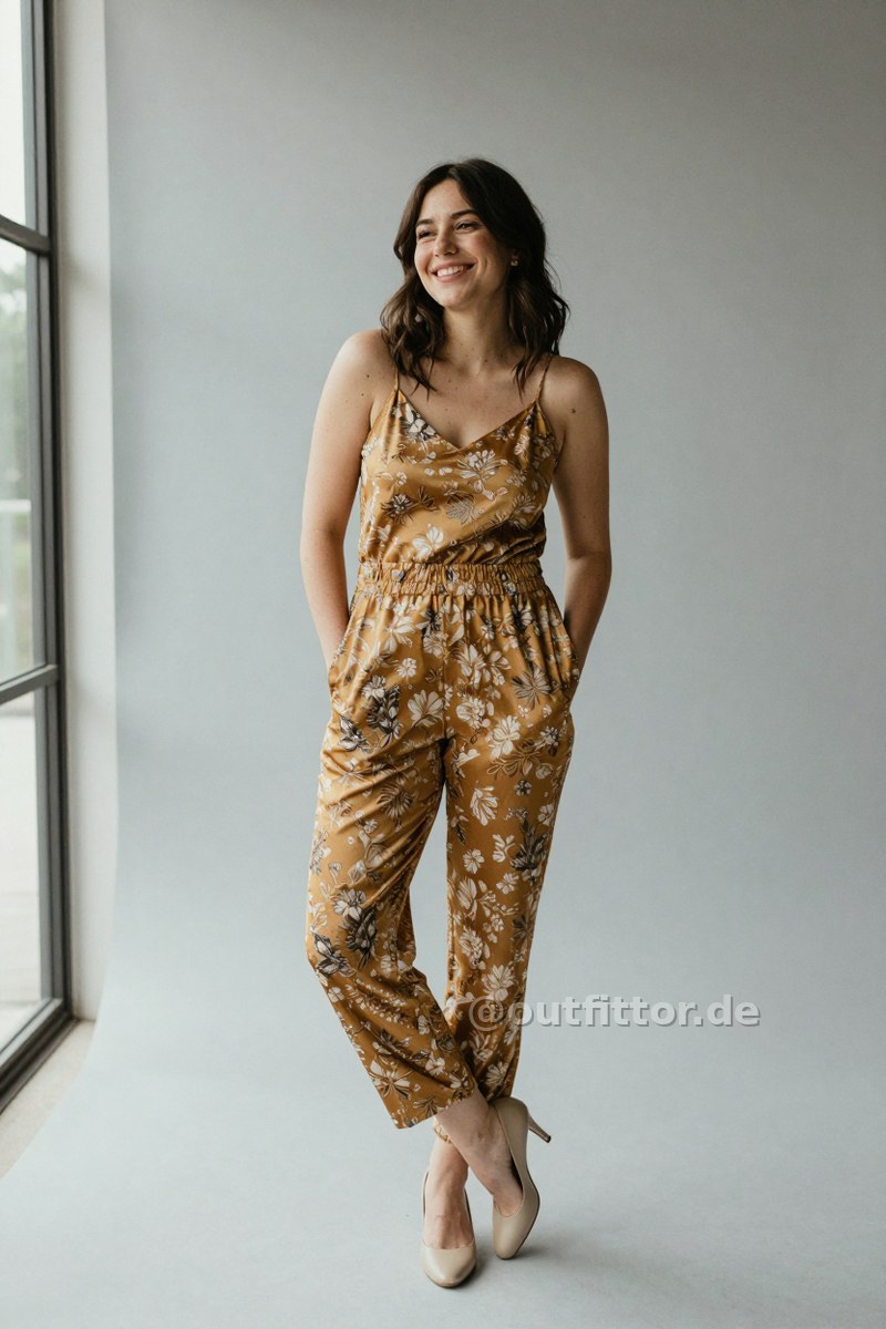 Gold jumpsuit with floral pattern and beige synthetic fiber pumps — Outfit #190