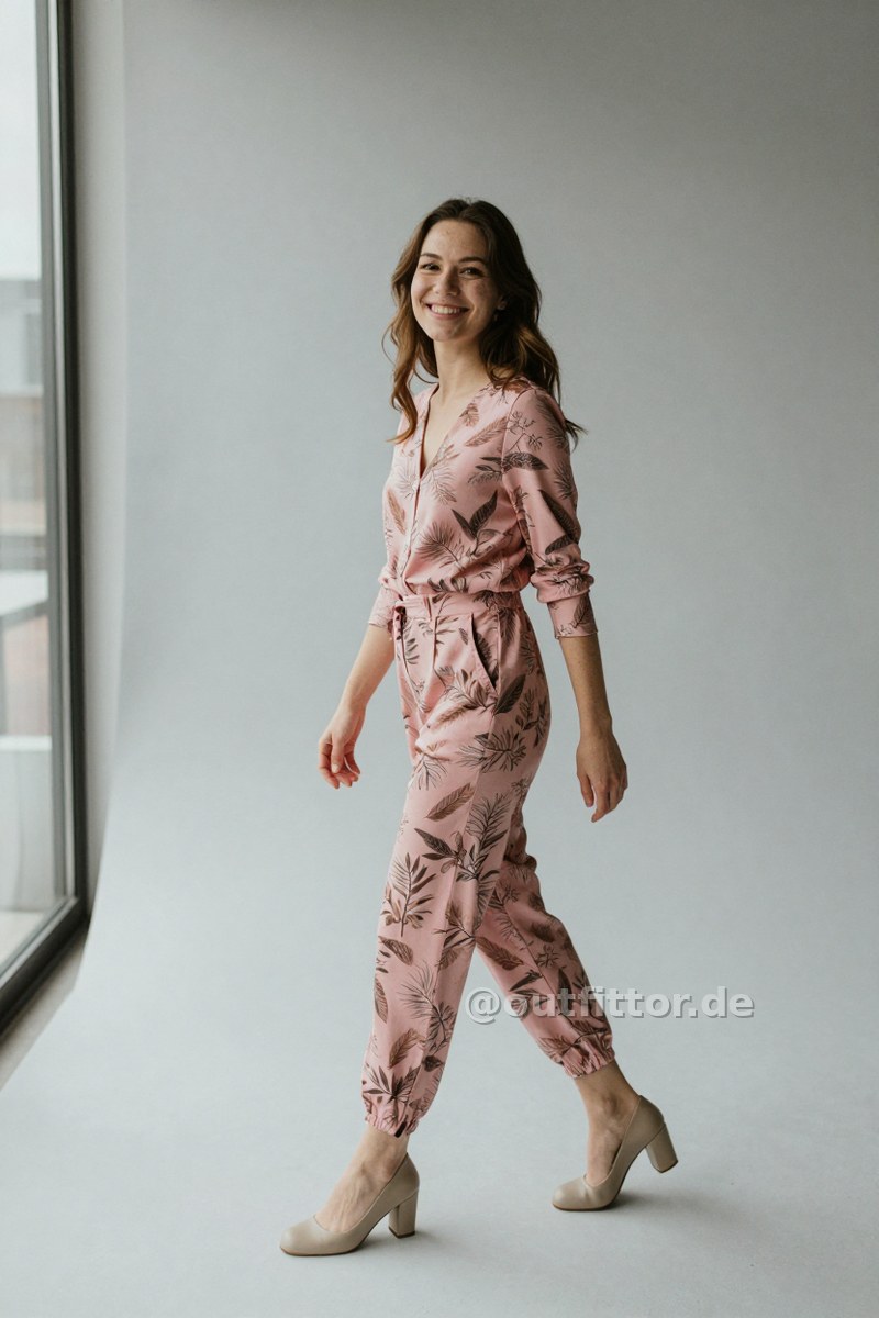 Pink jumpsuit with nature print pattern and beige rubber pumps — Outfit #289