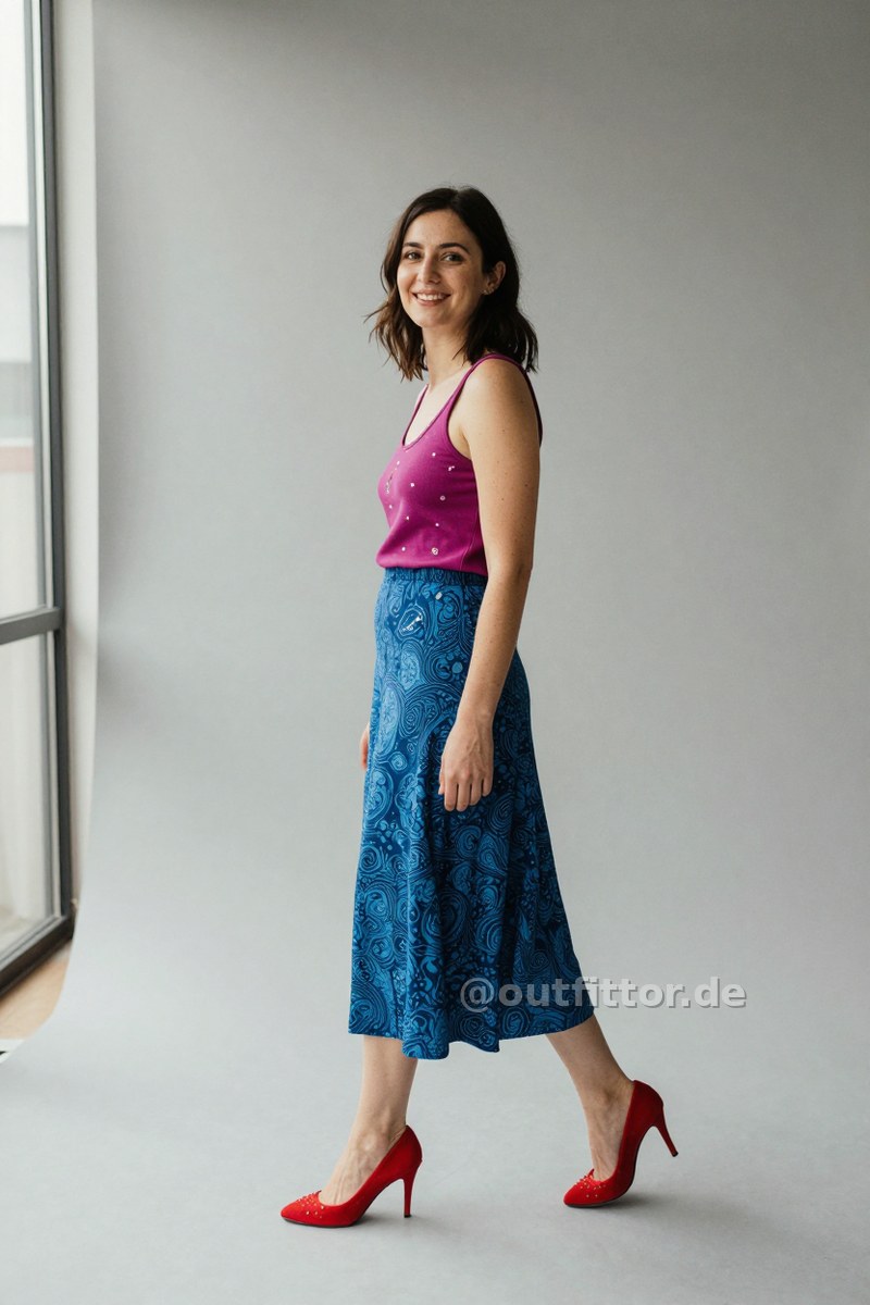 Tanktop, blue long skirts with ornamental pattern and red suede pumps — Outfit #150