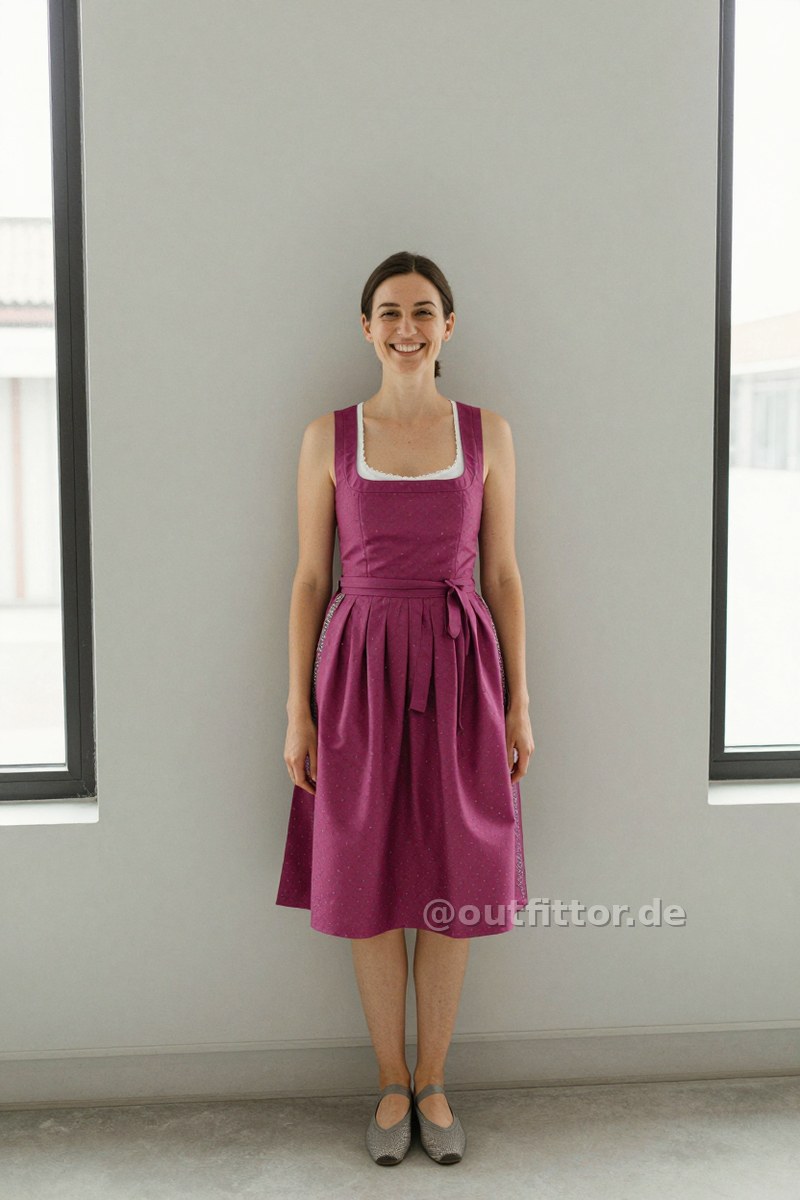 Magenta dirndl dress and grey mesh ballet flats — Outfit #191