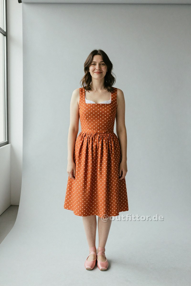 Orange dirndl dress with polka dot pattern and pink faux leather ballet flats — Outfit #290