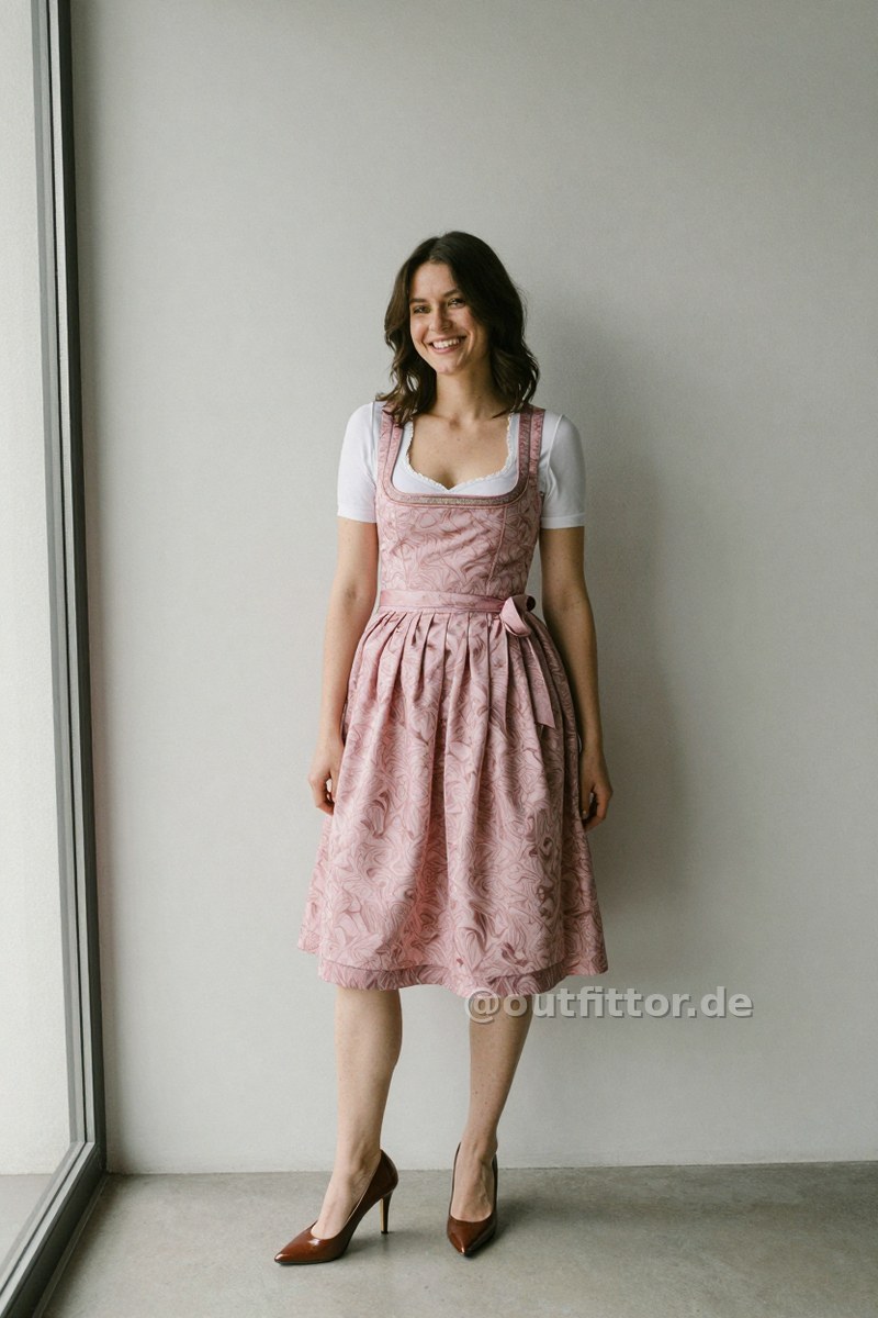 Pink dirndl dress with marbled pattern and brown synthetic patent pumps — Outfit #192