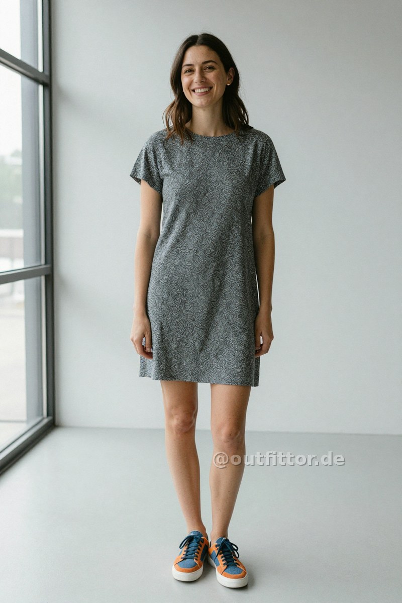 Grey dress with marbled pattern and orange denim sneakers — Outfit #291