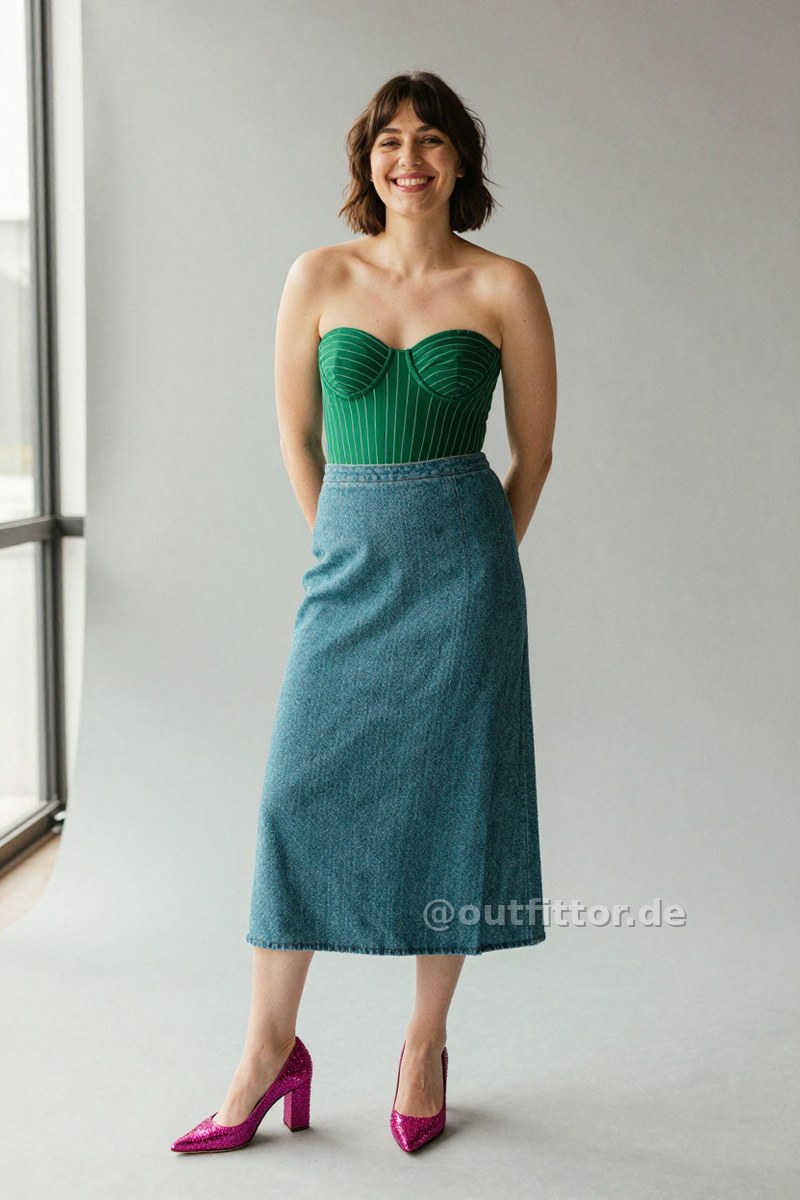 Magenta denim high heels, bustier and petrol long skirts with herringbone pattern — Outfit #152
