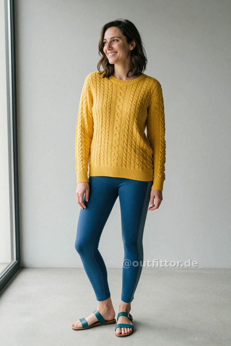 Yellow shirt with cable knit pattern, petrol smooth leather sandals and blue leggins with color block pattern — Outfit #153