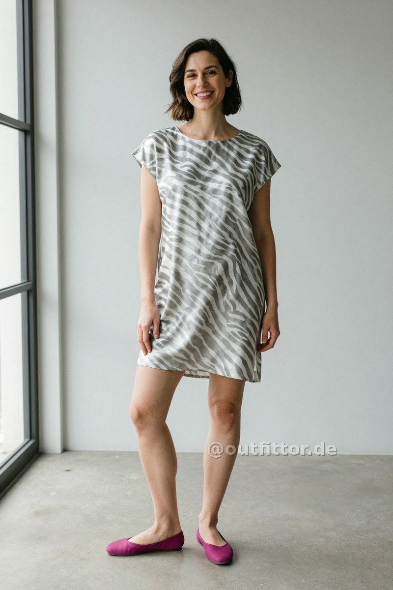 Silver tunic with zebra print pattern and magenta neoprene ballet flats — Outfit #293