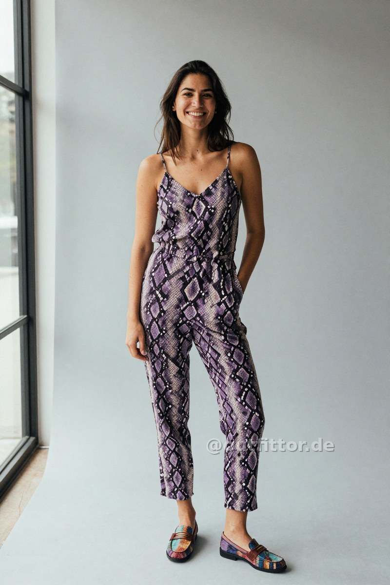 Lilac jumpsuit with snake print pattern and colorful lambskin loafers — Outfit #195