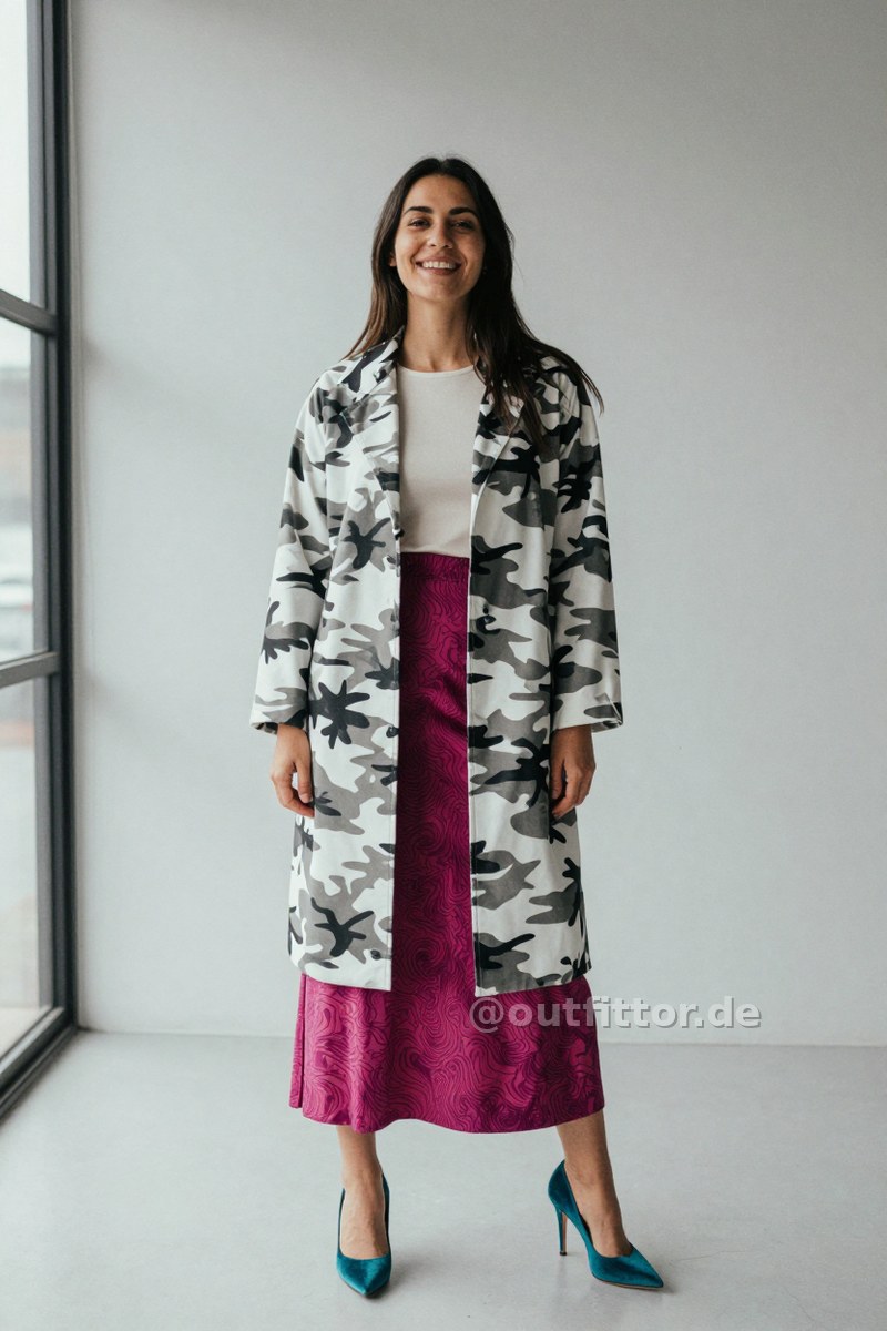 Petrol velvet high heels, white coat with camouflage pattern and magenta long skirts with wave pattern — Outfit #155
