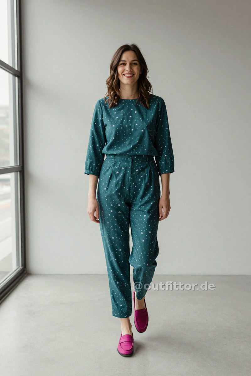 Petrol jumpsuit with stars pattern and magenta synthetic loafers — Outfit #295