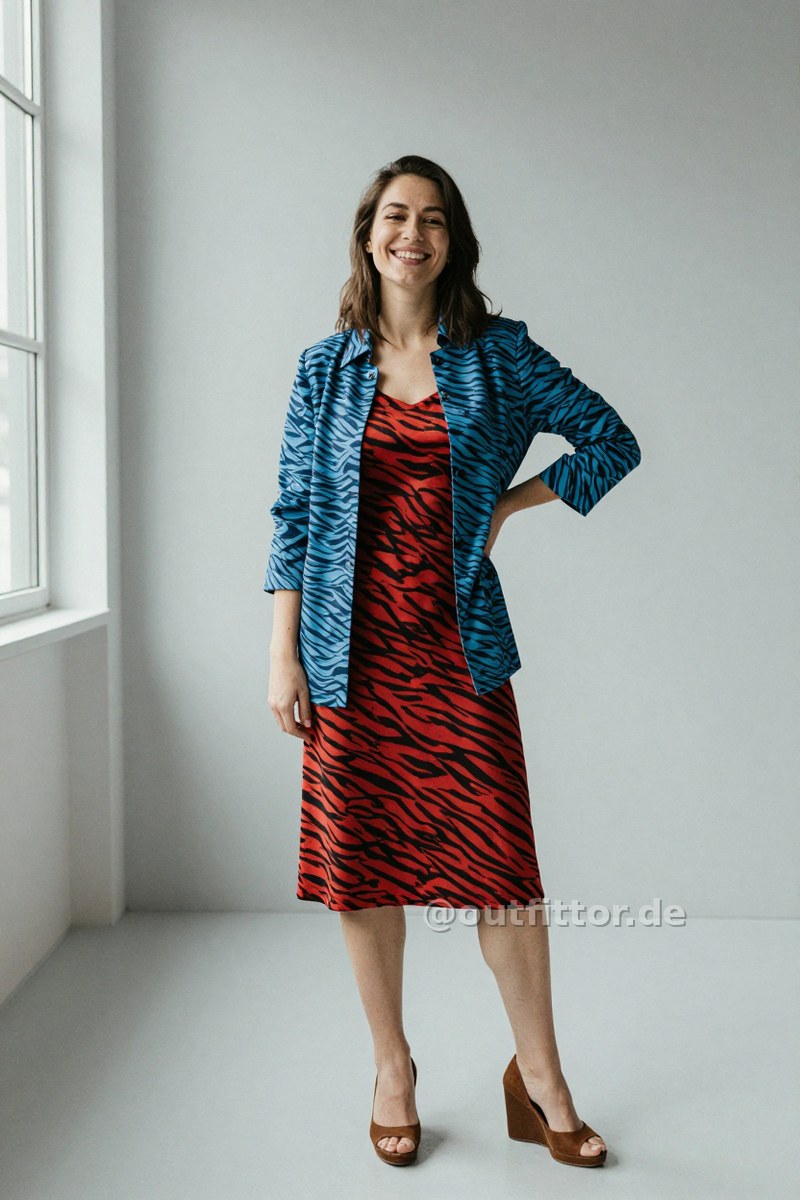 Blue jacket with wave pattern, bronze cotton high heels and red knee-length skirts with tiger stripes pattern — Outfit #156