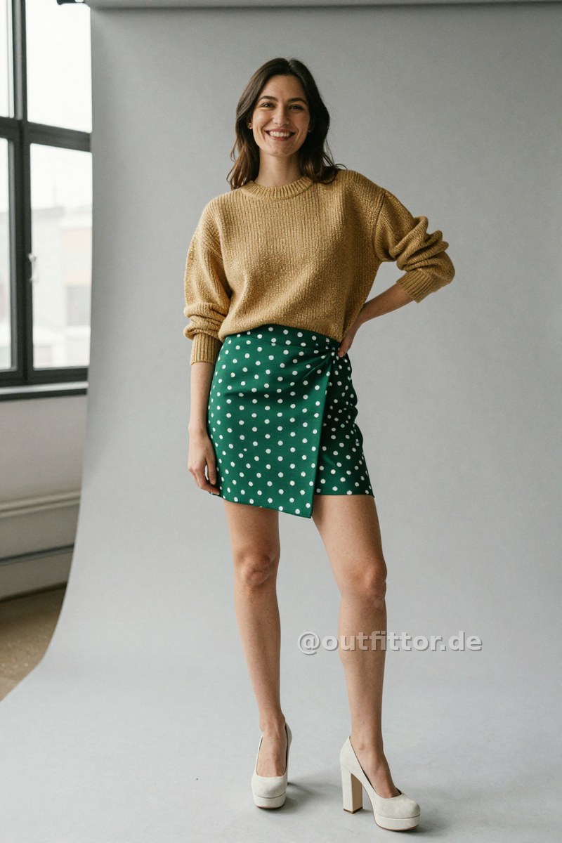 Gold sweater with jacquard pattern, green mini skirts with polka dot pattern and white suede pumps — Outfit #197