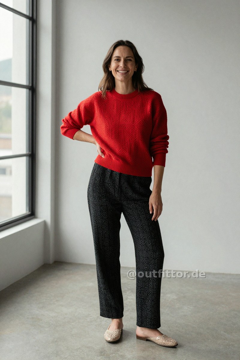 Black trousers with geometric pattern, red sweater with geometric pattern and beige sequins shoes — Outfit #296
