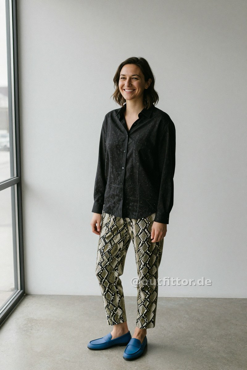 Black shirt with color block pattern, olive trousers with snake print pattern and blue synthetic/rubber loafers — Outfit #297