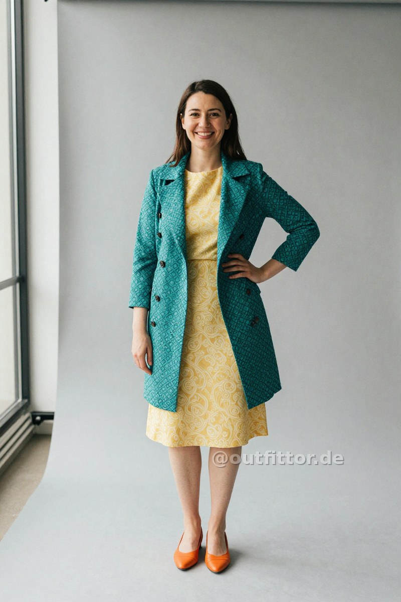 Petrol coat with circles pattern, orange smooth leather shoes and yellow knee-length skirts with ornamental pattern — Outfit #158