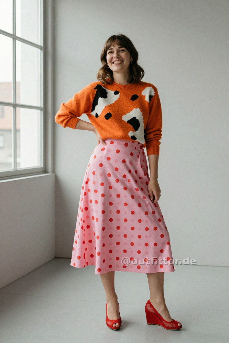 Orange sweater with cow print pattern, pink long skirts with polka dot pattern and red mesh pumps — Outfit #200