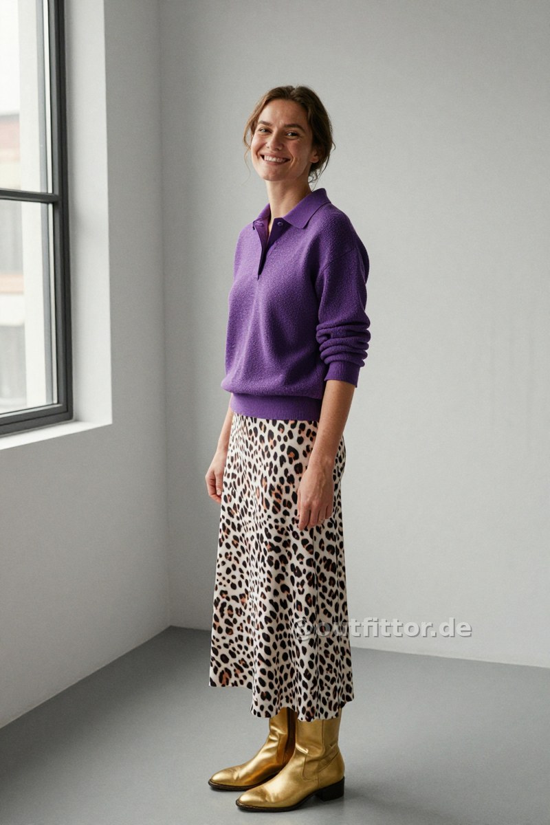 Gold leather boots, lilac polo shirt with textured pattern and white long skirts with animal print pattern — Outfit #299