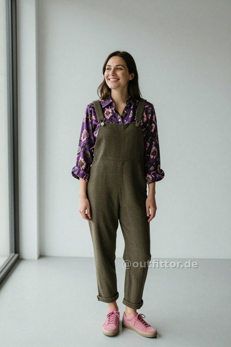 Pink suede sneakers, lilac blouse with batik pattern and olive overalls with houndstooth pattern — Outfit #300