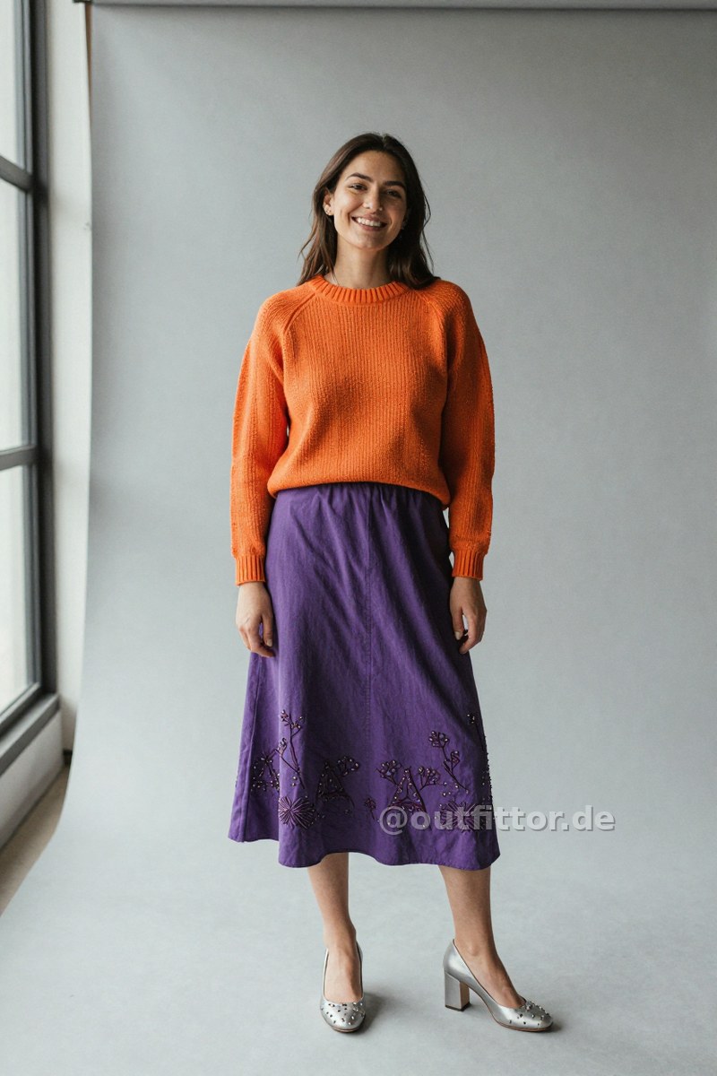 Orange sweater with jacquard pattern, lilac long skirts with embroidered pattern and silver cotton pumps — Outfit #202