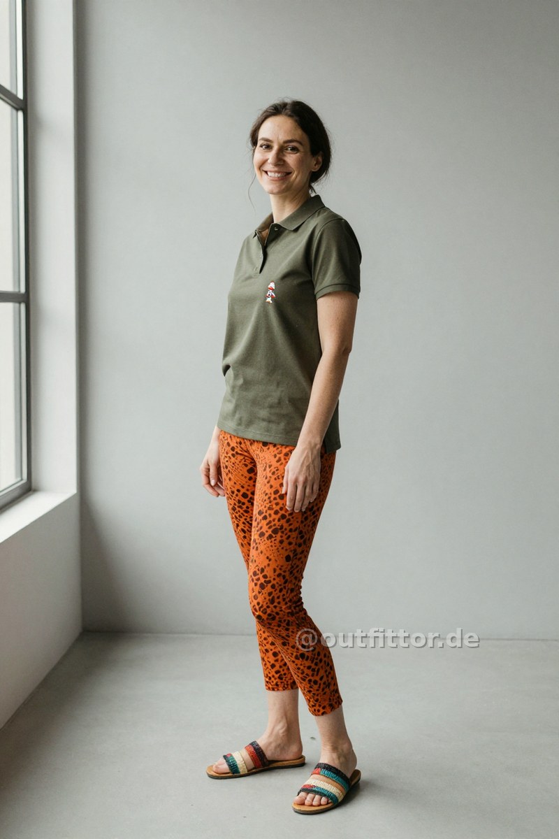 Colorful straw/raffia sandals, polo shirt and orange leggins with tortoiseshell pattern — Outfit #204