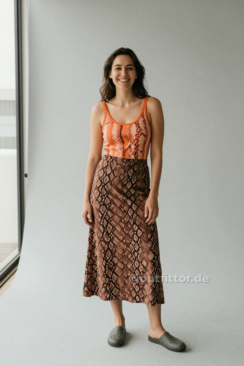 Orange tanktop with snake print pattern, grey synthetic/rubber shoes and brown long skirts with intarsia pattern — Outfit #303