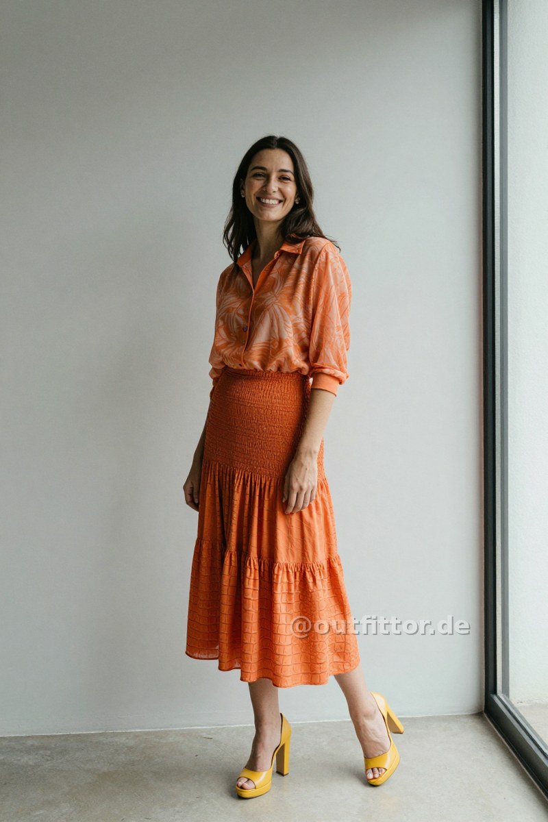 Orange shirt with transparent pattern, yellow patent high heels and orange long skirts with croc print pattern — Outfit #304