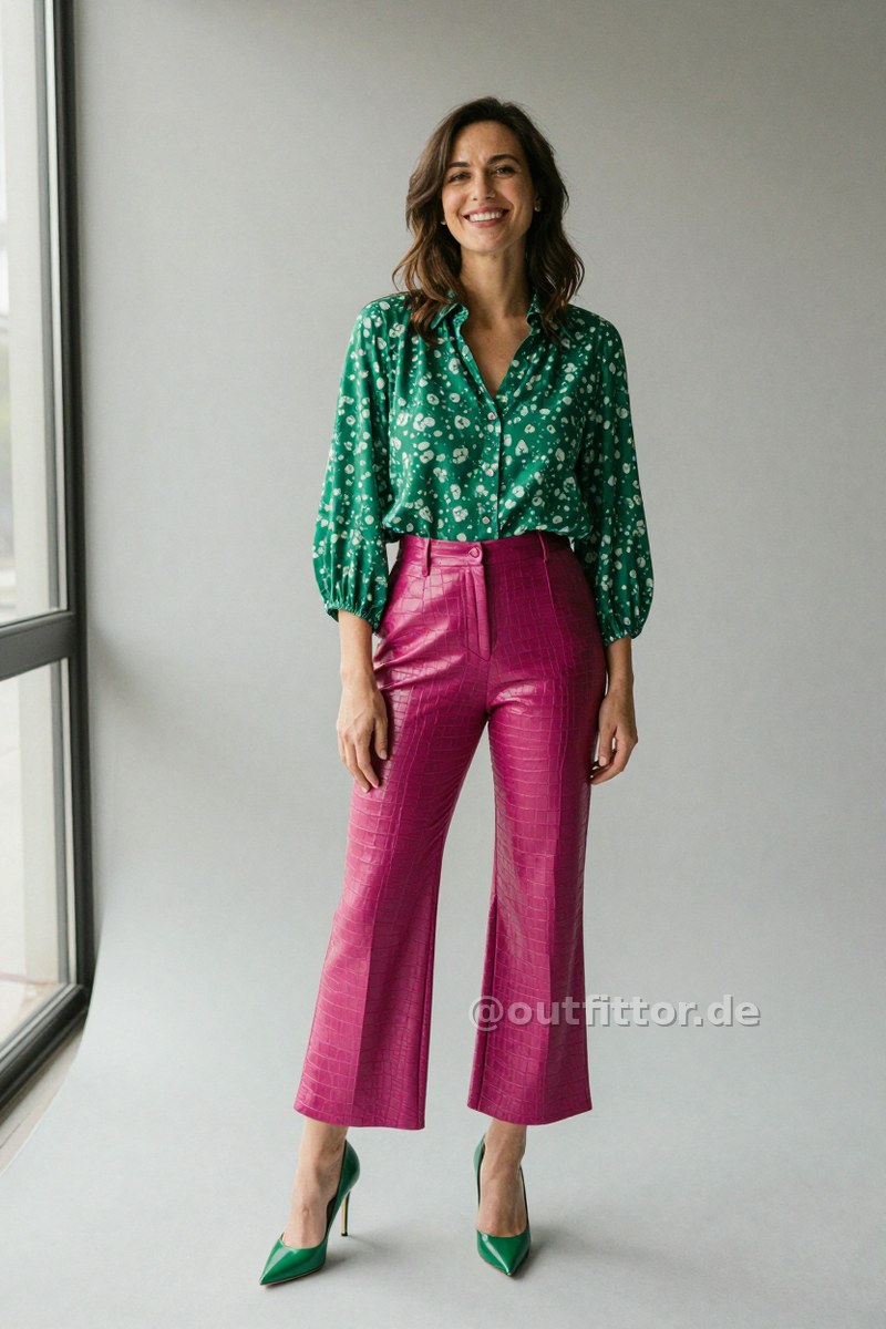 Magenta hotpants with croc print pattern, green patent high heels and green blouse with print pattern — Outfit #206