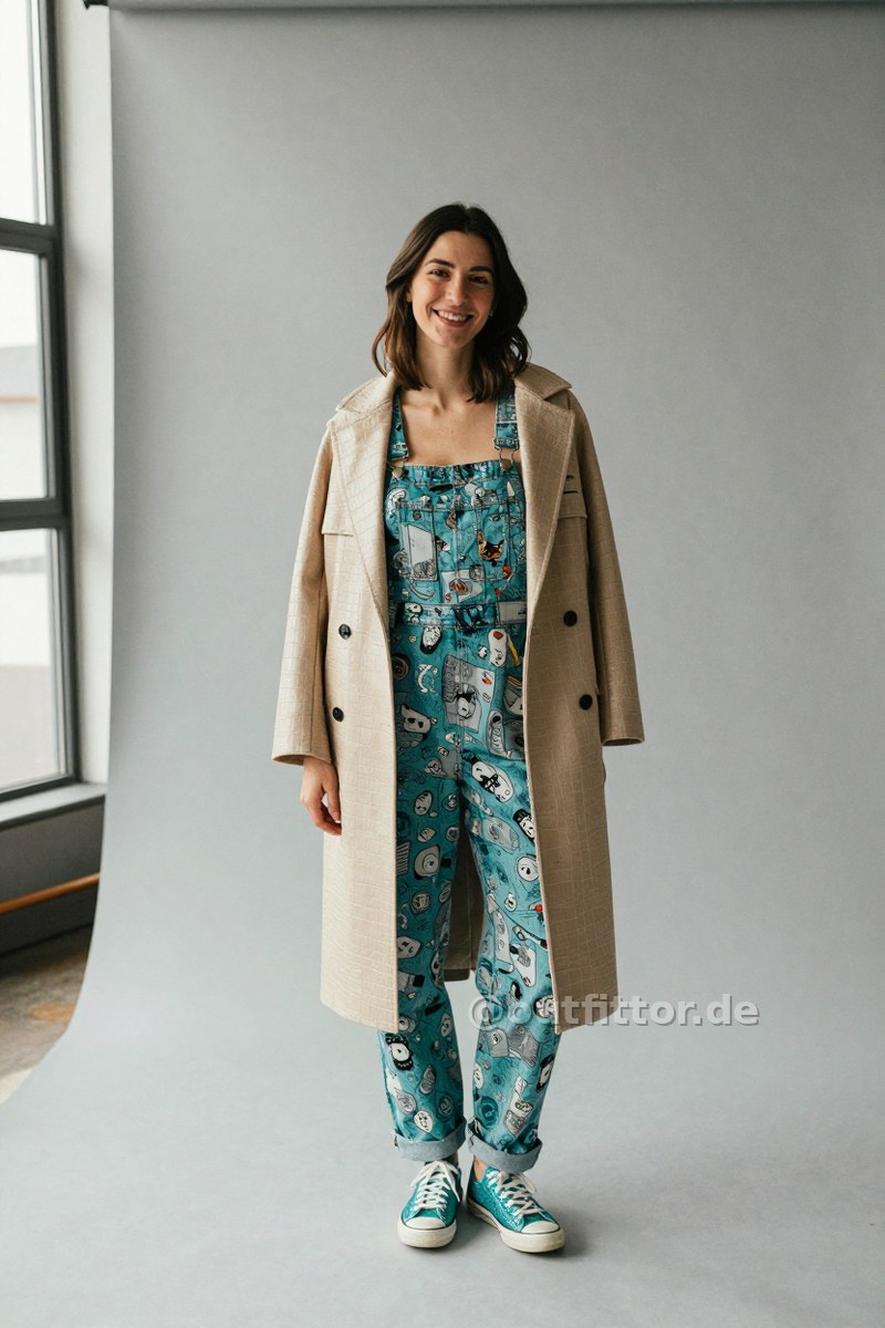 Turquoise sequins sneakers, beige coat with croc print pattern and turquoise overalls with cartoons & comics pattern — Outfit #166