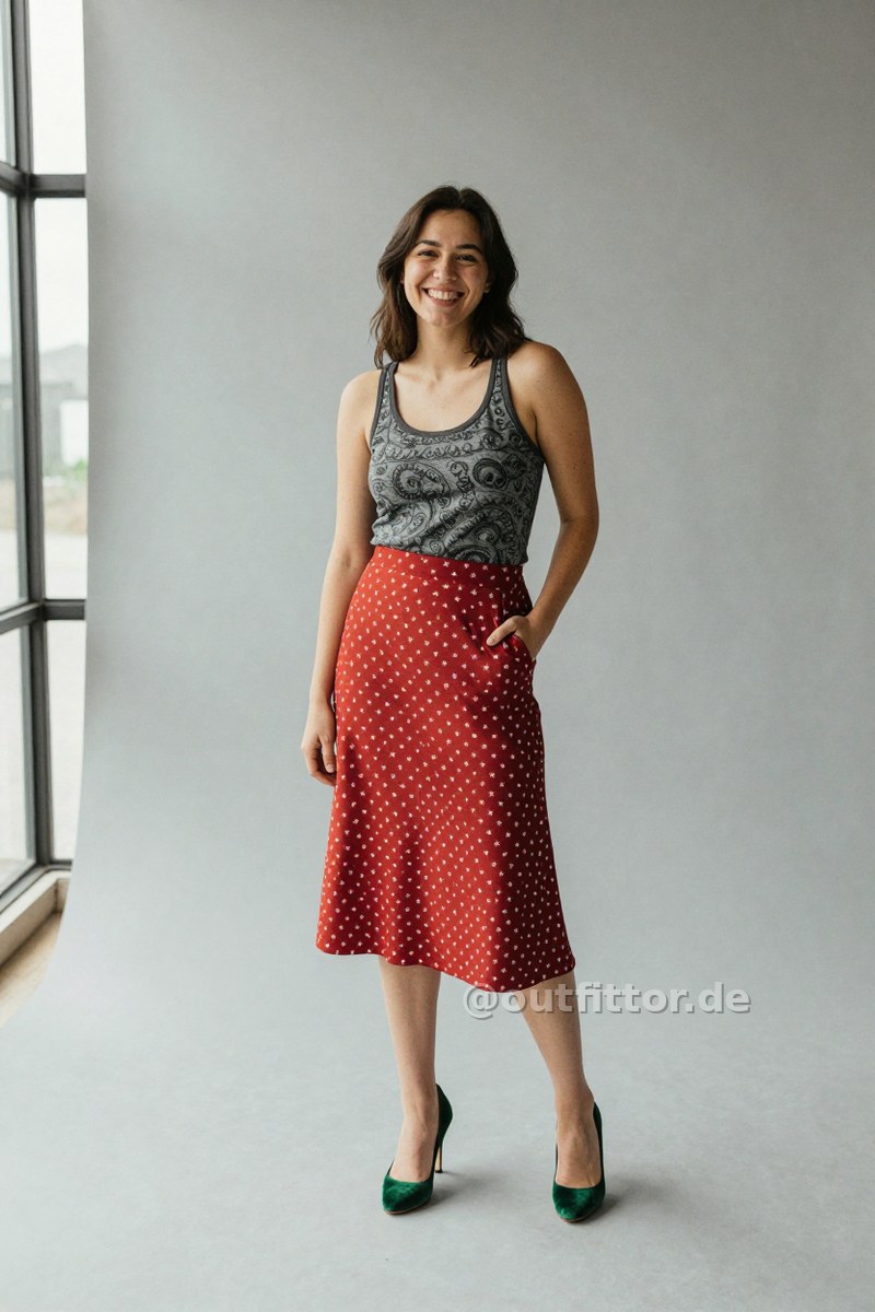 Grey tanktop with ornamental pattern, red skirt with stars pattern and green velvet high heels — Outfit #207
