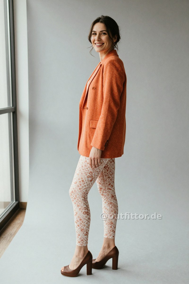 Orange jacket with heather pattern, white leggins with oriental pattern and bronze polyurethane pumps — Outfit #168