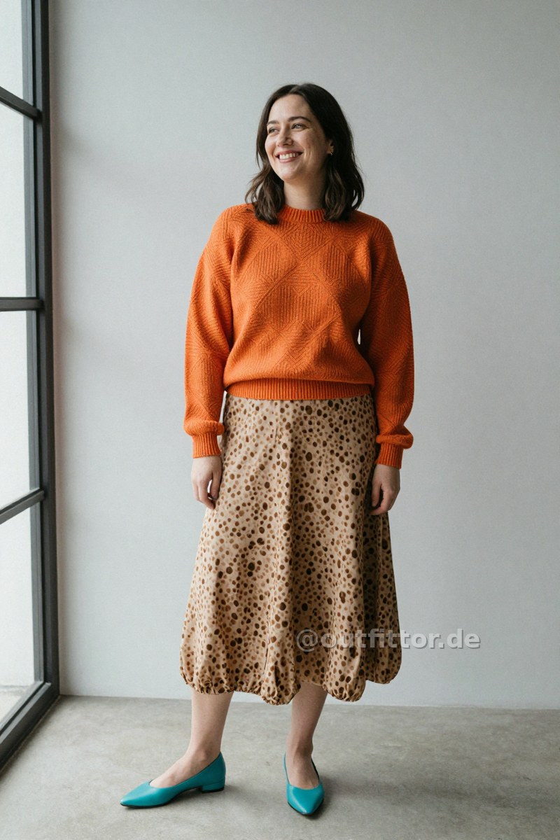 Orange sweater with geometric pattern, turquoise smooth leather shoes and beige long skirts with tortoiseshell pattern — Outfit #308