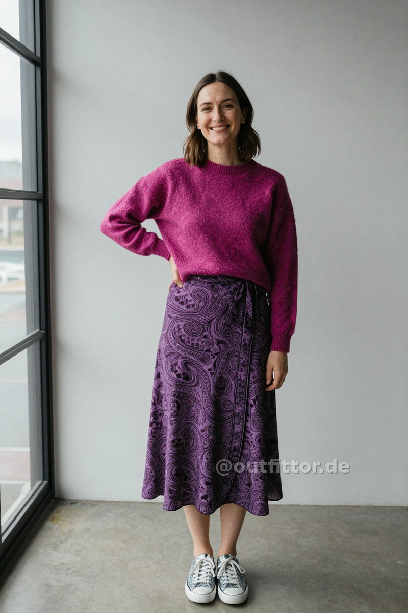 Silver sequins sneakers, magenta sweater with tortoiseshell pattern and lilac long skirts with paisley pattern — Outfit #210