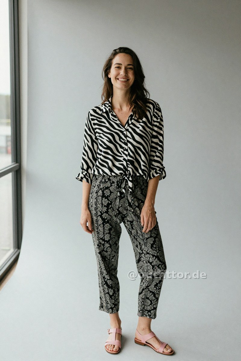 Black trousers with oriental pattern, pink faux leather sandals and black blouse with zebra print pattern — Outfit #309