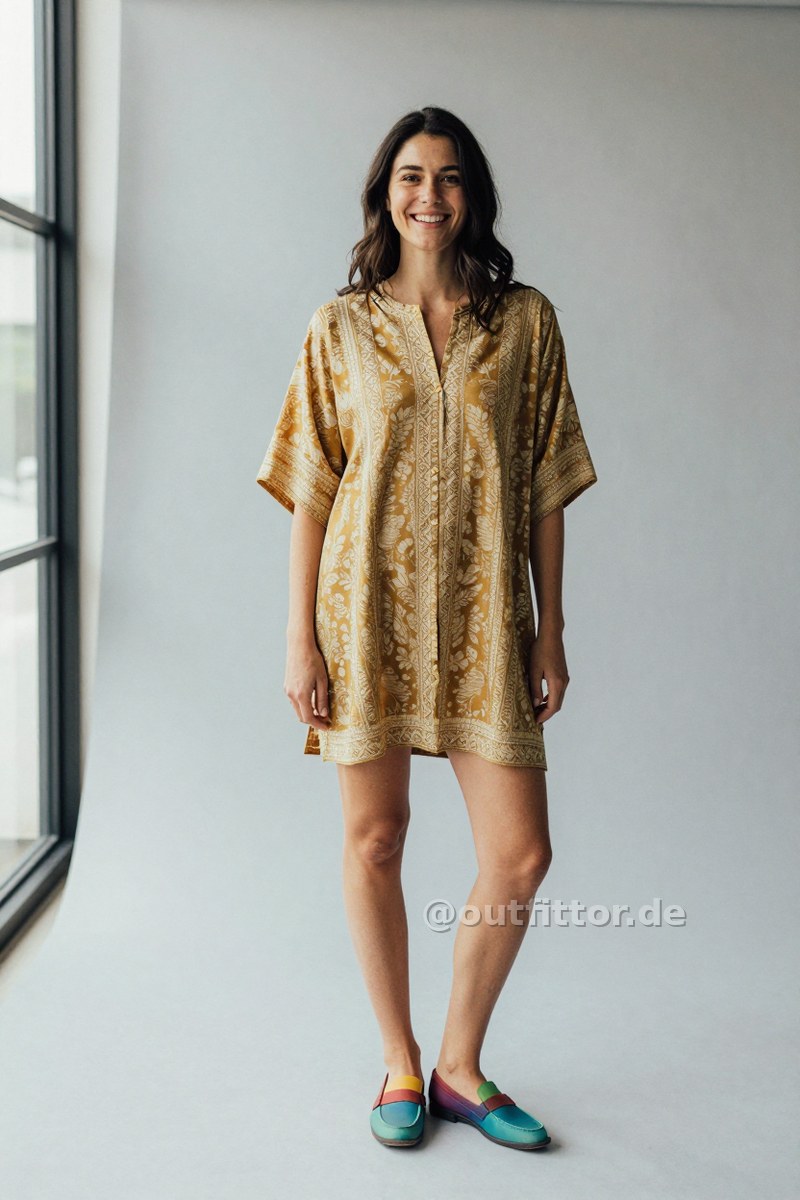 Gold tunic with ornamental pattern and colorful neoprene loafers — Outfit #170