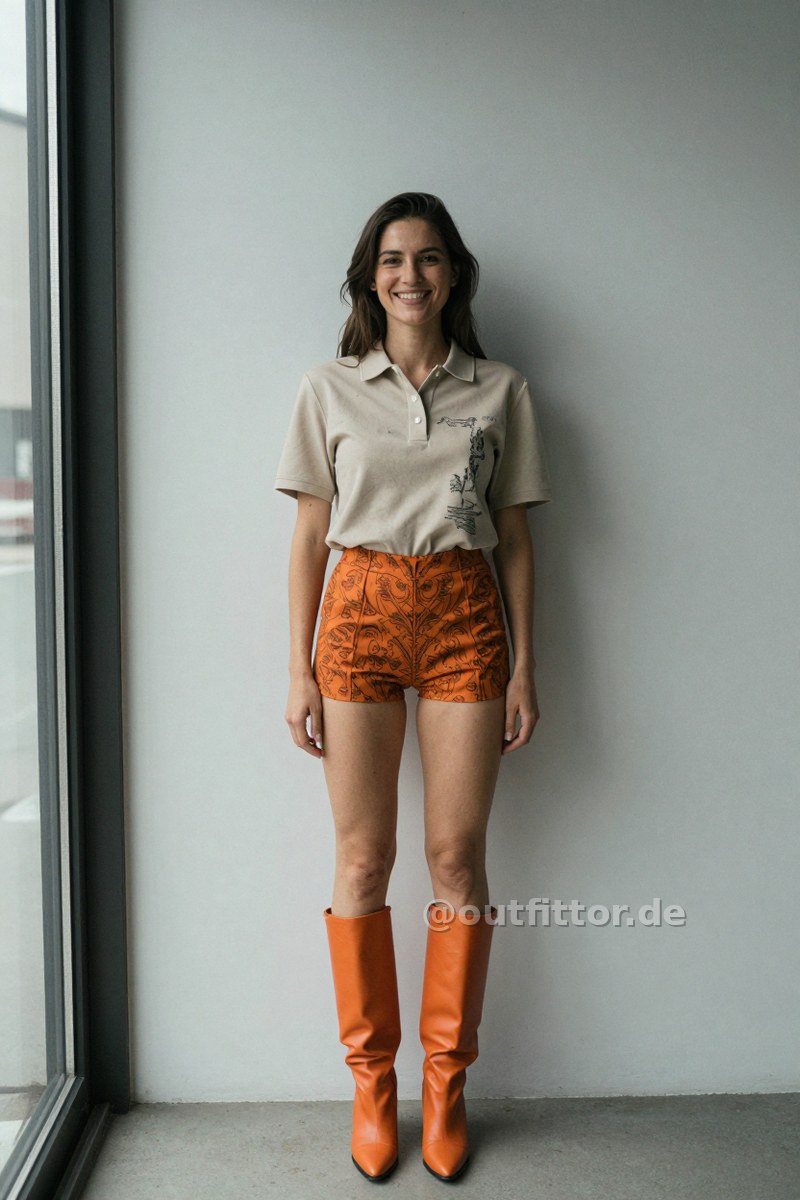 Orange hotpants with ornamental pattern, orange smooth leather boots and beige polo shirt with graphic print pattern — Outfit #211