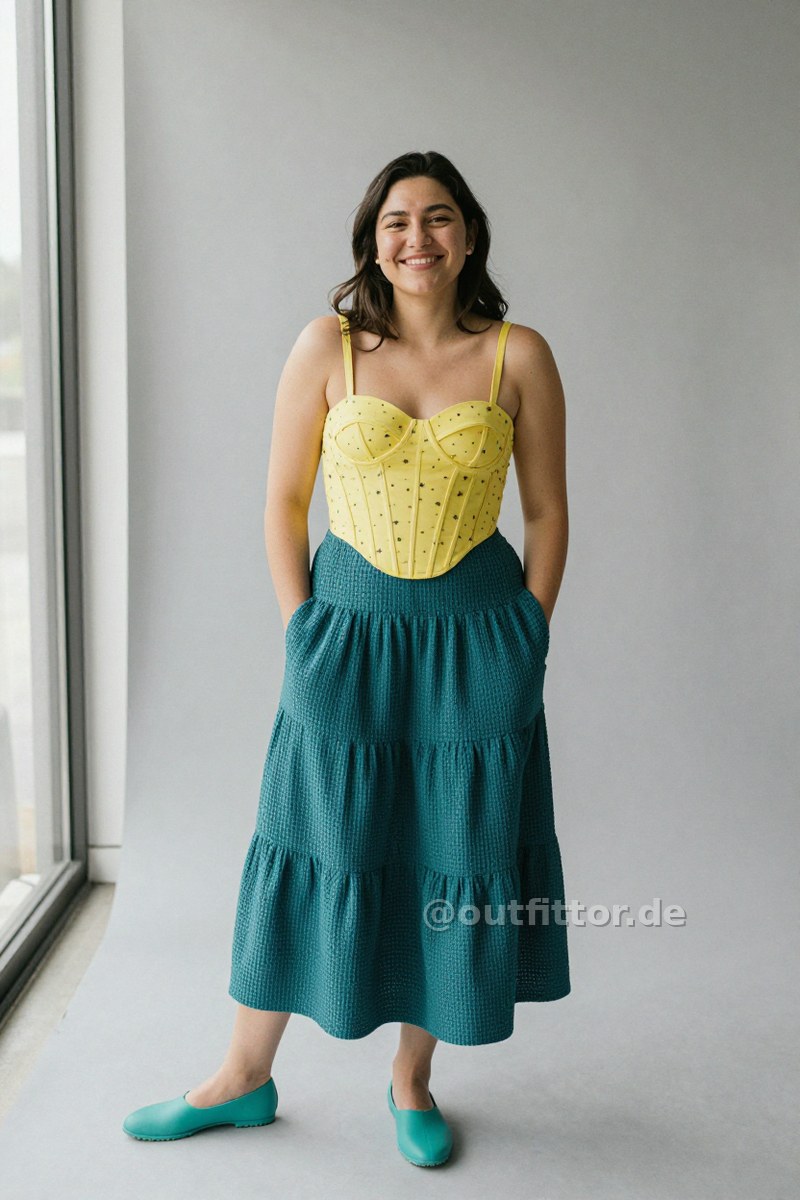 Turquoise synthetic/rubber shoes, yellow bustier with stars pattern and petrol long skirts with waffle pattern — Outfit #310