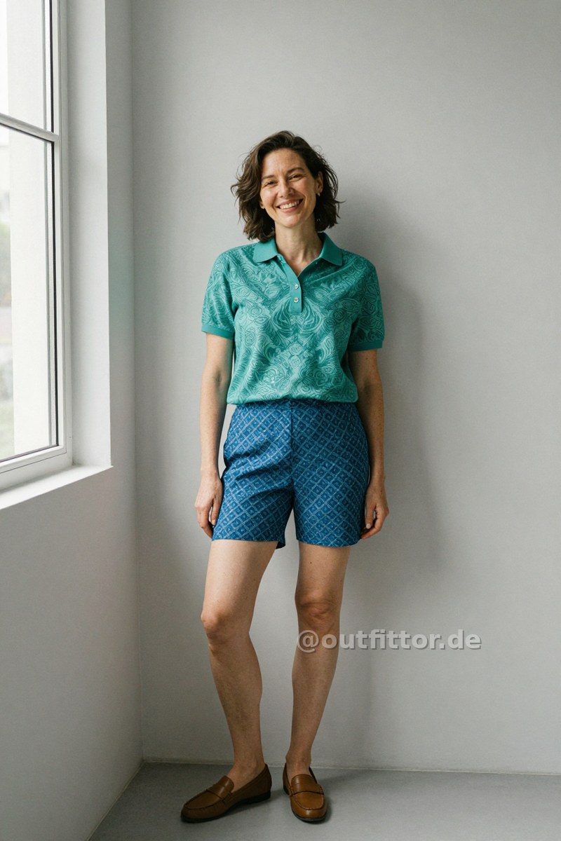 Blue hotpants with diamond pattern, petrol polo shirt with oriental pattern and bronze synthetic loafers — Outfit #212
