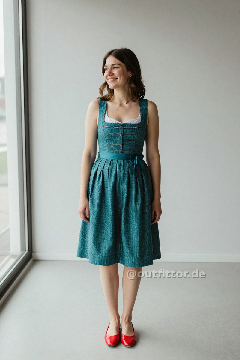 Petrol dirndl dress with houndstooth pattern and red synthetic patent ballet flats — Outfit #172
