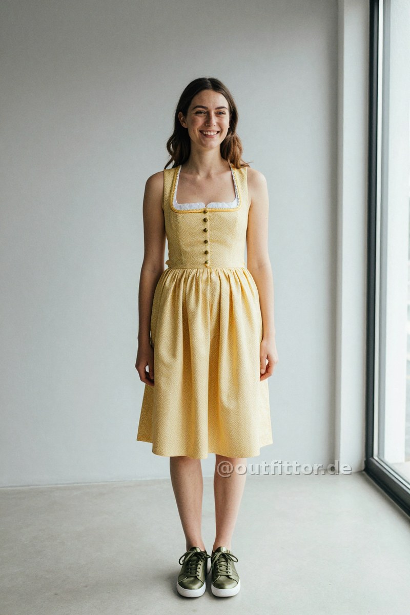 Olive satin sneakers and yellow dirndl dress with herringbone pattern — Outfit #173