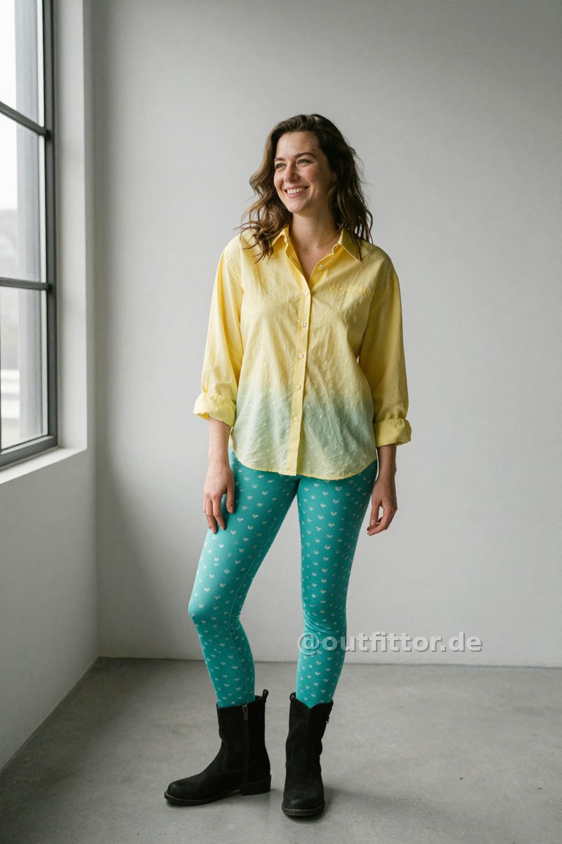 Yellow shirt with gradient pattern, black canvas boots and turquoise leggins with hearts pattern — Outfit #214