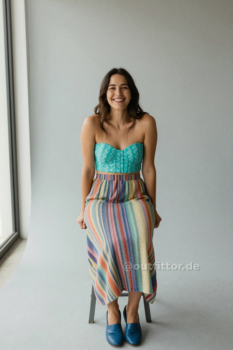 Blue leather shoes, turquoise bustier with wave pattern and colorful long skirts with waffle pattern — Outfit #176