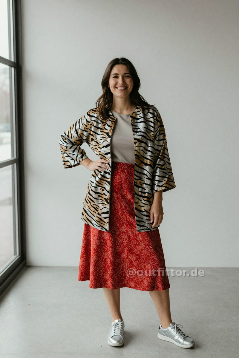 Silver jacket with tiger stripes pattern, silver synthetic sneakers and red knee-length skirts with wave pattern — Outfit #217