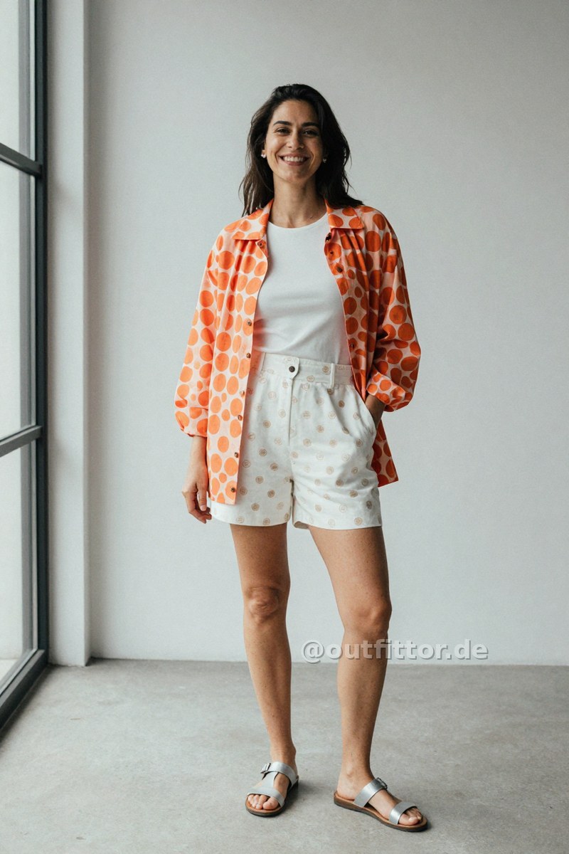 Orange jacket with circles pattern, silver nappa leather sandals and white shorts with circles pattern — Outfit #316