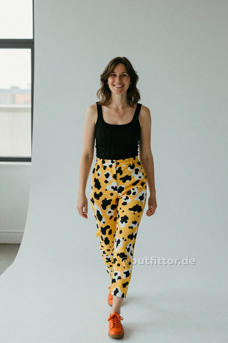 Black tanktop with braided pattern, yellow trousers with cow print pattern and orange faux leather sneakers — Outfit #177
