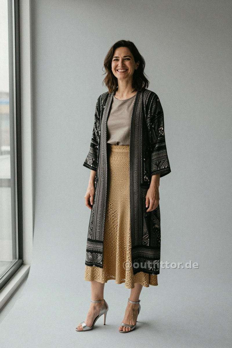 Silver smooth leather high heels, black coat with ethnic pattern and gold long skirts with holes pattern — Outfit #317