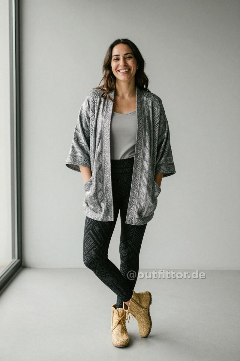 Silver jacket with geometric pattern, gold straw/raffia boots and black leggins with ethnic pattern — Outfit #318