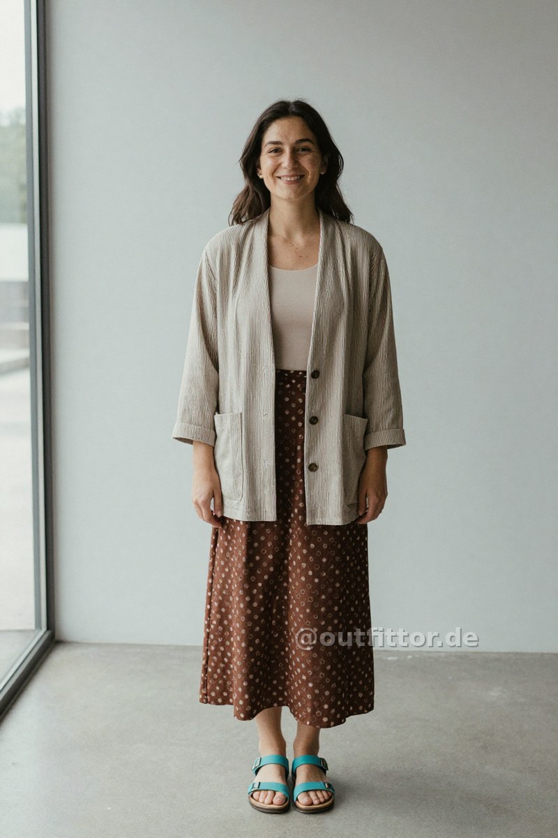 Beige jacket with stripes pattern, turquoise cotton sandals and brown long skirts with circles pattern — Outfit #220