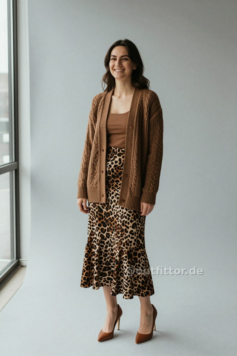Brown jacket with cable knit pattern, brown neoprene high heels and brown long skirts with animal print pattern — Outfit #319