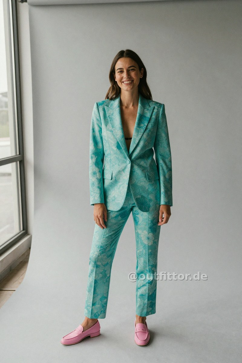 Turquoise tuxedos with floral pattern and pink synthetic loafers — Outfit #181